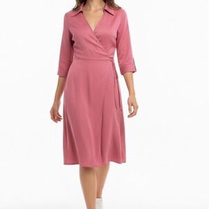 Elegant Pink Wrap Dress Midi Length‎ Collared Long Sleeve